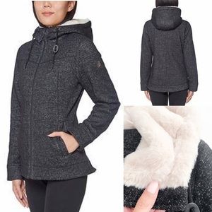 1 Madison Ladies Knit Tweed Faux Fur Hooded Jacket
